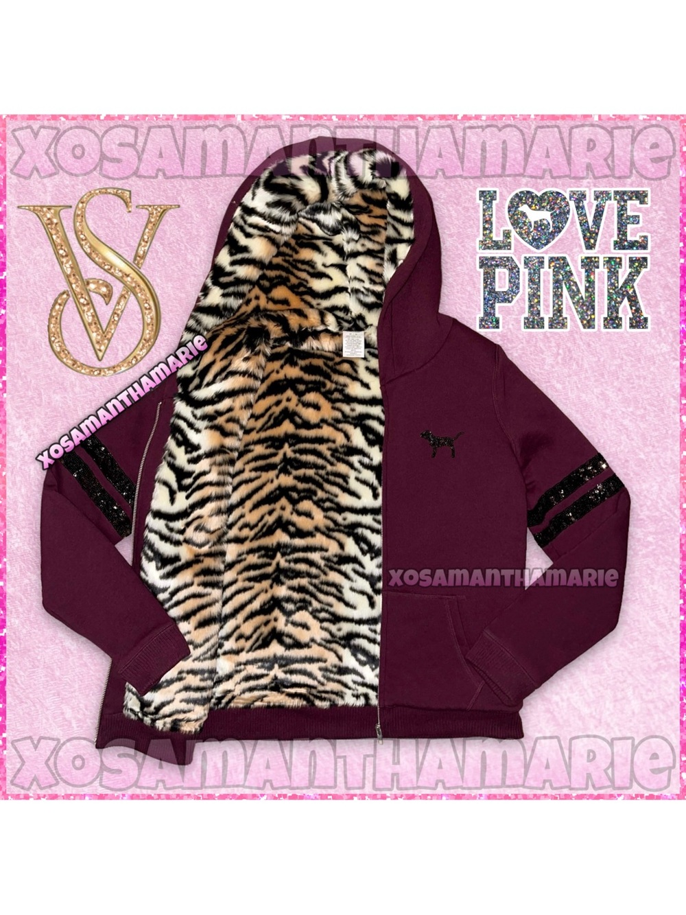 VS PINK Rare Y2K Vtg Sequin Bling Tiger Print Faux Fur Hoodie Jacket - Picture 2 of 14